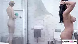 passionate milf licks and fingers young shaved pussy in steamy shower tribbing