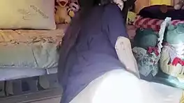 Petite exotic brunette with long hair does afternoon STRIP TEASE ripping clothes in stockings teasing small tits ass