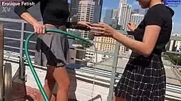 Erotic patio threesome barefoot miniskirt girls deliver sloppy footjobs toes sucking big dick wet dreams