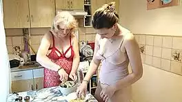 Bisexual cute teen and sexy milf kiss naked in kitchen fingering tight pussies outdoor taboo play