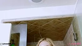 elegant blonde teen steps into steamy shower routine 🛁💦