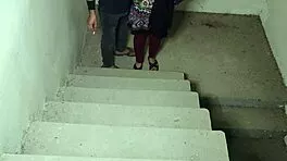 guy pounds big tits babe tight pussy on stairs close-up