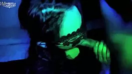 Masked goth petite teases with sloppy red lip blowjob