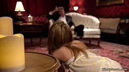 Blonde Spinner Submits to Rough Ebony Bondage Domination