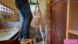 submissive slut bound in bathroom takes rough foam punishment