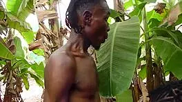 Ebony bush babe sucks hard before bent-over doggy pounding outdoors