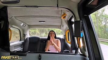 Fake taxi - young 18+ brunette with big tits in tight dress rides me hard before her date, givin’ a sloppy blowjob till I bust!